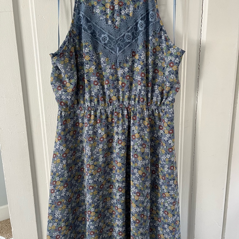 Floral Blue Sleeveless Dress with Lace Detail